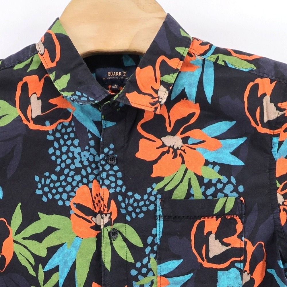 Roark Floral Tropical Button Up Shirt Navy Short Sleeve Mens Size M